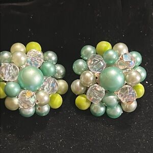 Vintage Green Beaded clip on Earrings